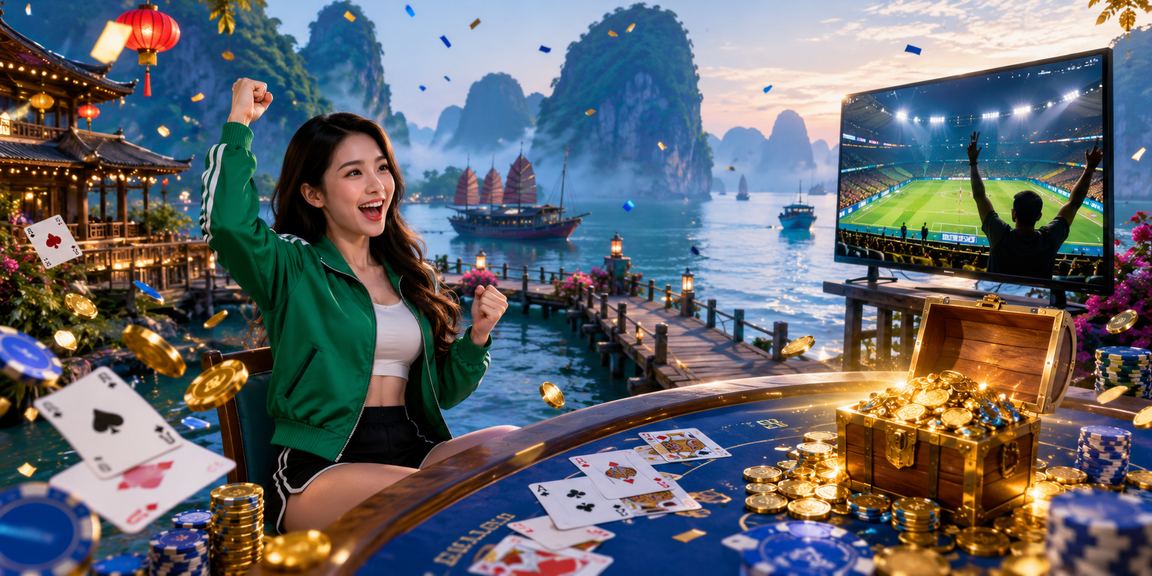 Không khí lễ hội trò chơi bài tại Hạ Long Bay với ánh đèn đêm rực rỡ