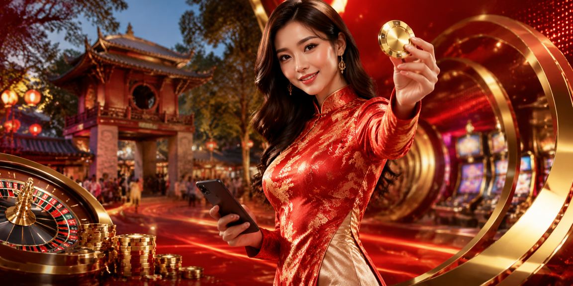 Khách hàng chơi casino trên điện thoại tại Hà Nội trong trang phục áo dài